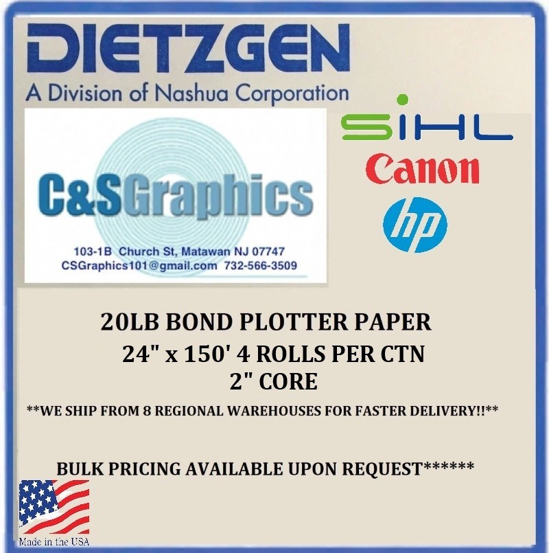 4 Rolls  24'' X 150'  20LB Bond HP DesignJet Plotter Paper 