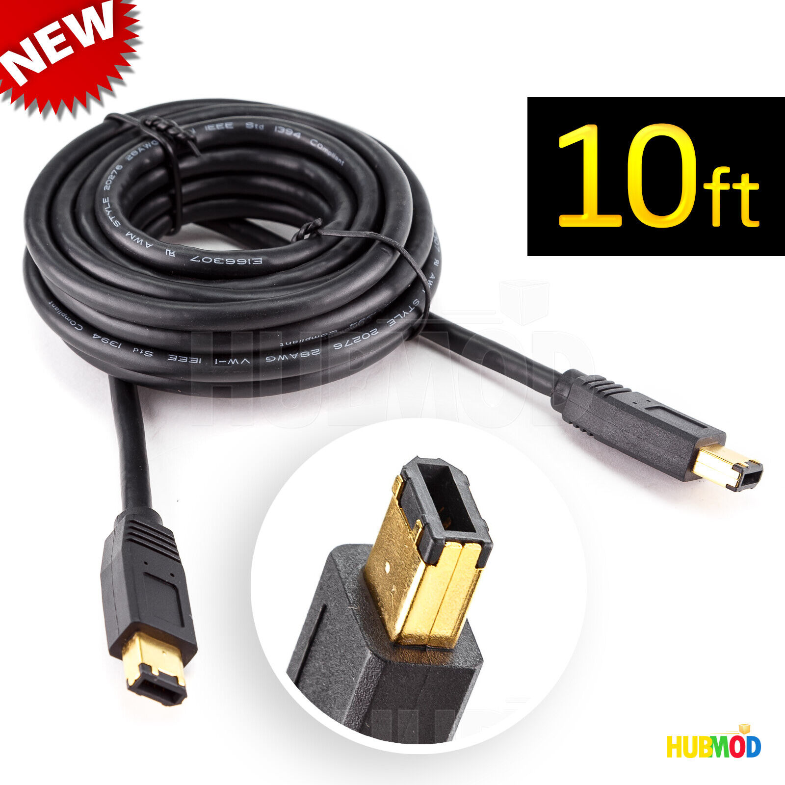 NEW GE 10 ft. 6 Pin FireWire Cable IEEE 1394 High Speed PC MAC - 24K Gold Plated