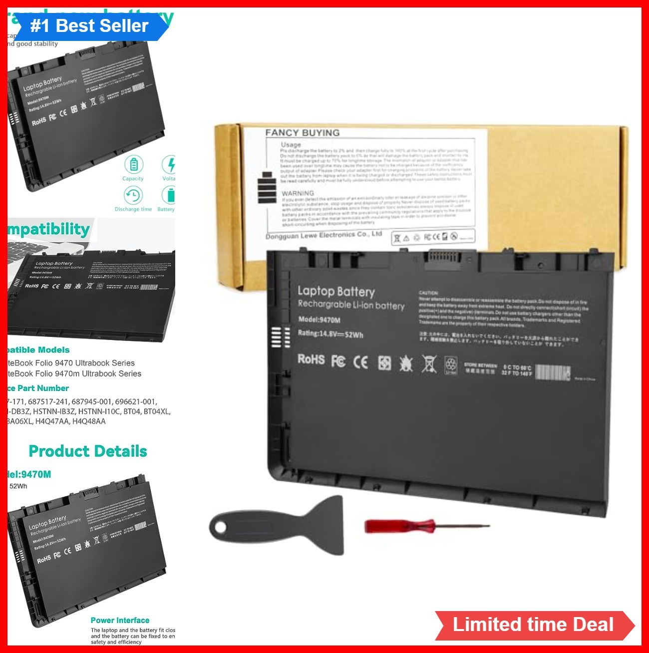Laptop Battery 14.8V 52WH 4 Cell Li-ion For EliteBook Folio 9470M 9480M