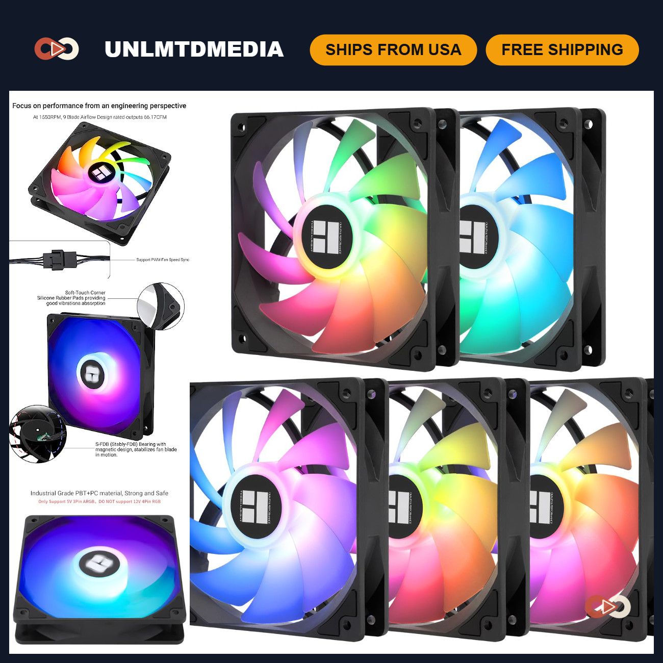 5 Pack 120mm ARGB CPU Case Cooler Fans, 4-Pin PWM Silent Computer Fans, 1550RPM