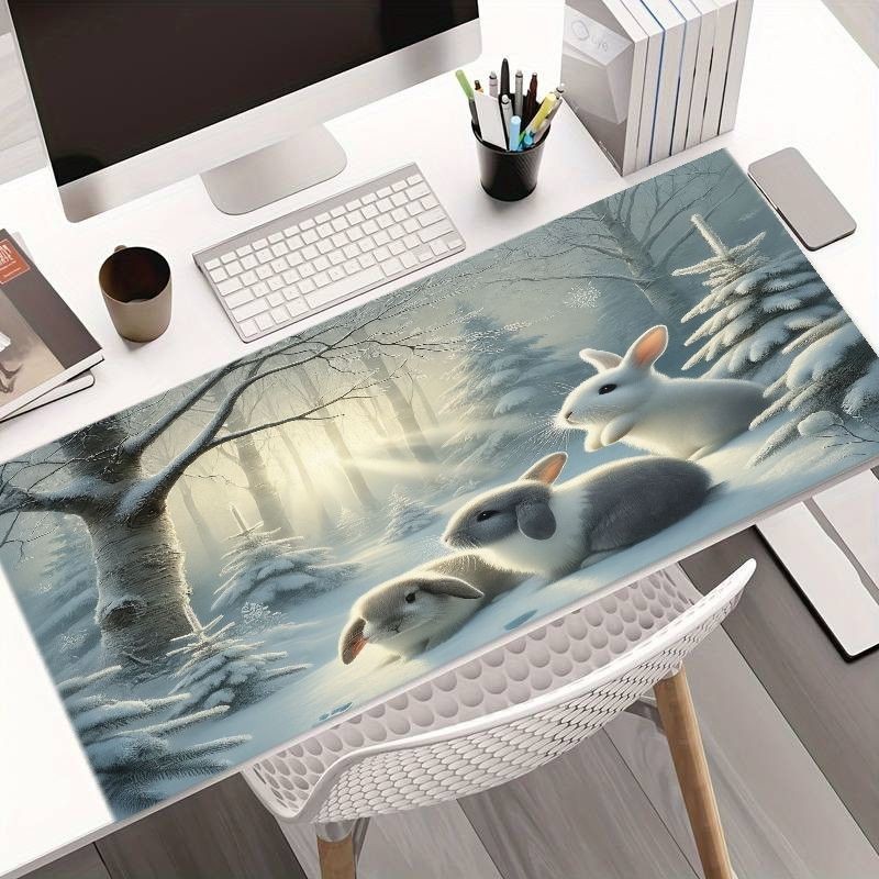 Large Winter Rabbit-Themed Mouse Pad, Comfortable Desk Mat, Modern Minimalist
