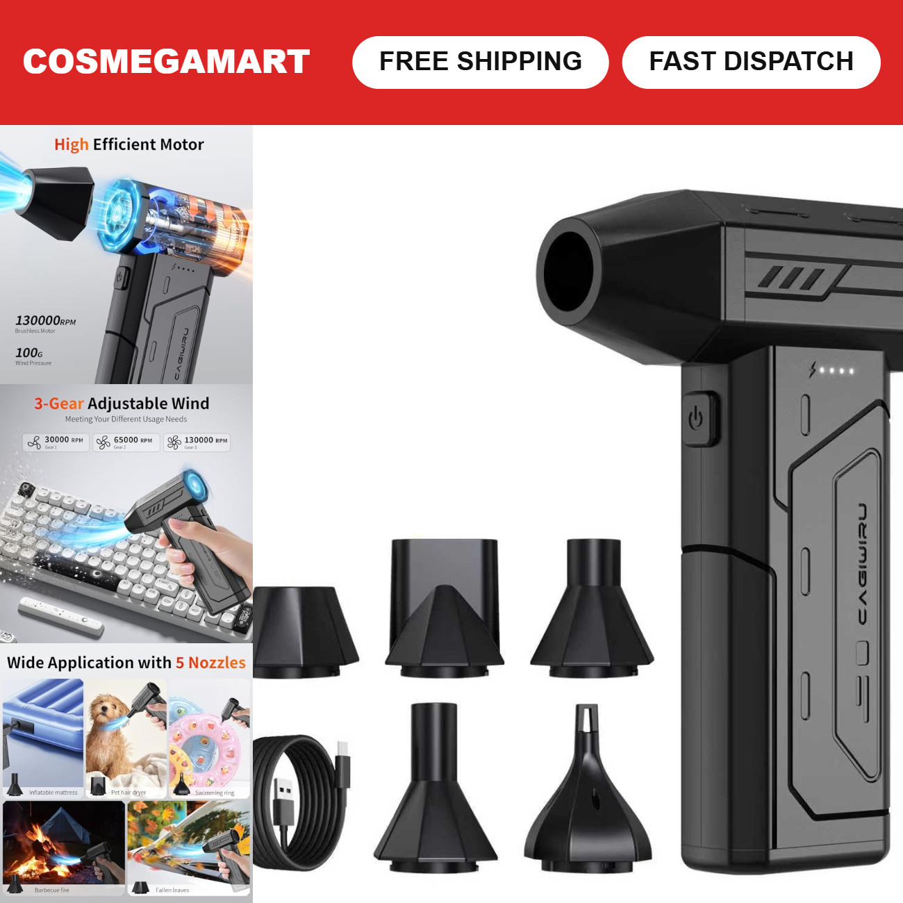 Cordless Compressed Air Duster 130K RPM, Rechargeable Blower with LED Light, 3-S