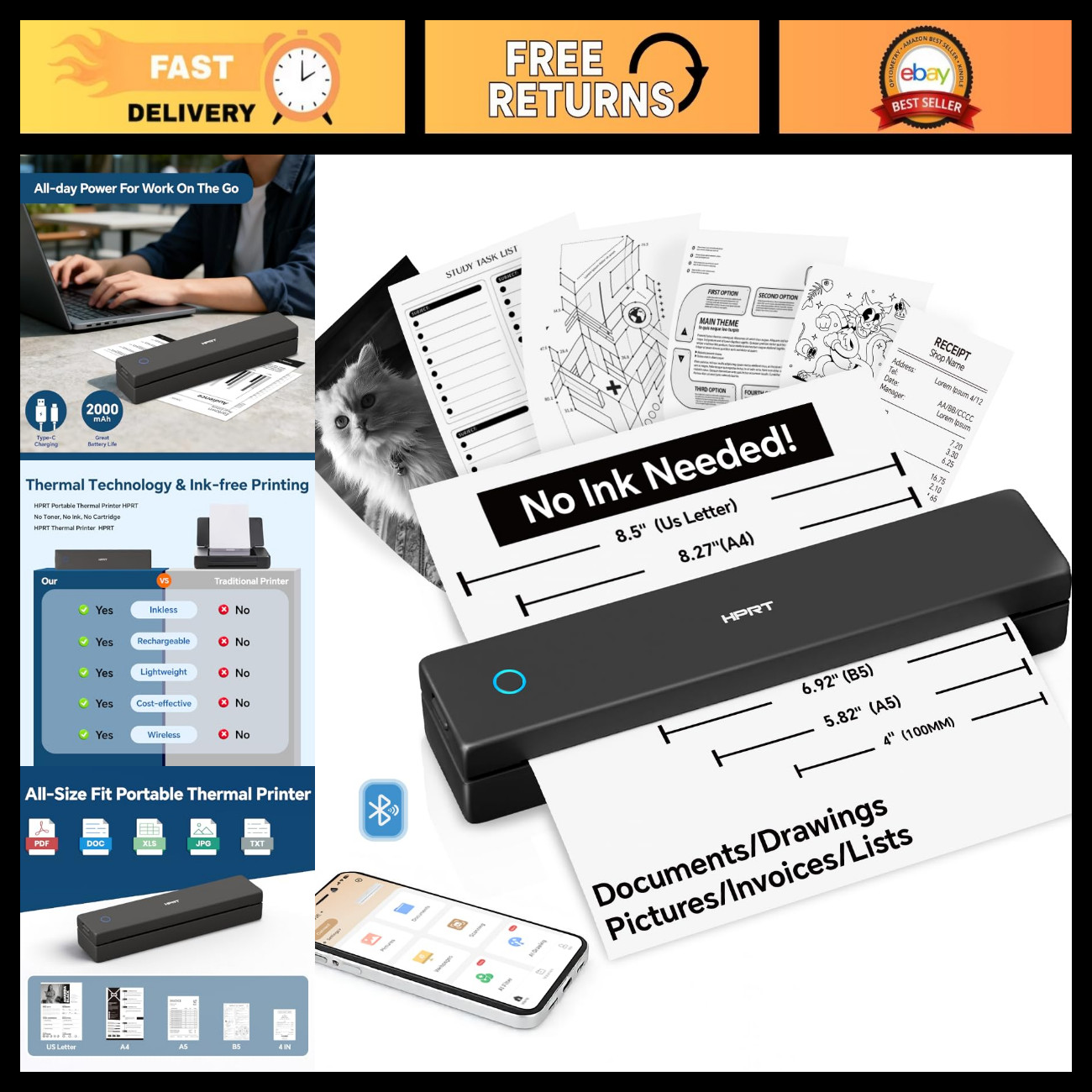 Portable Thermal Inkless Travel Printer - Compact, Lightweight, 10 Sheets Matte