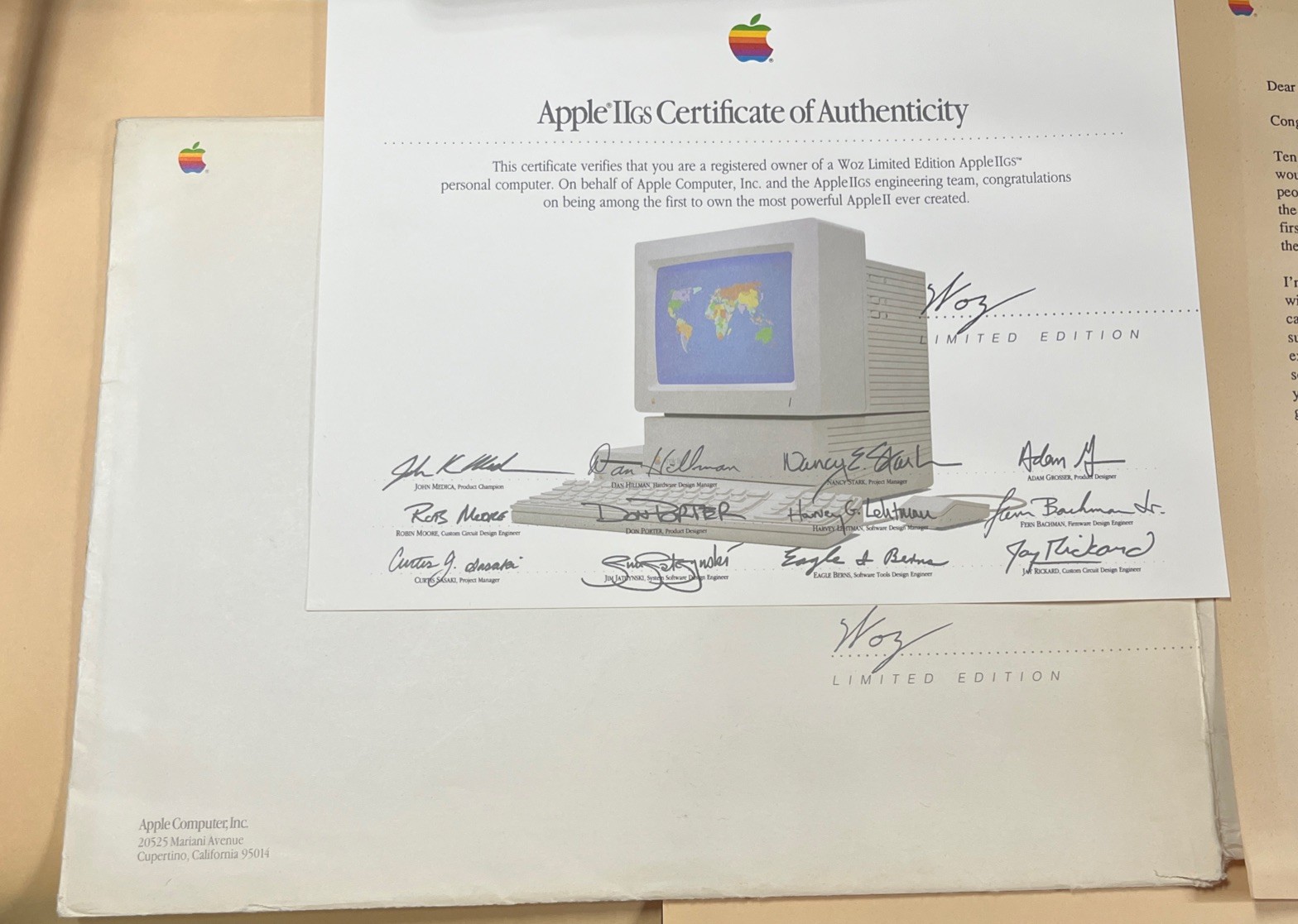 Apple IIGS Woz Limited Edition Computer Certificate of Authenticity & Letter