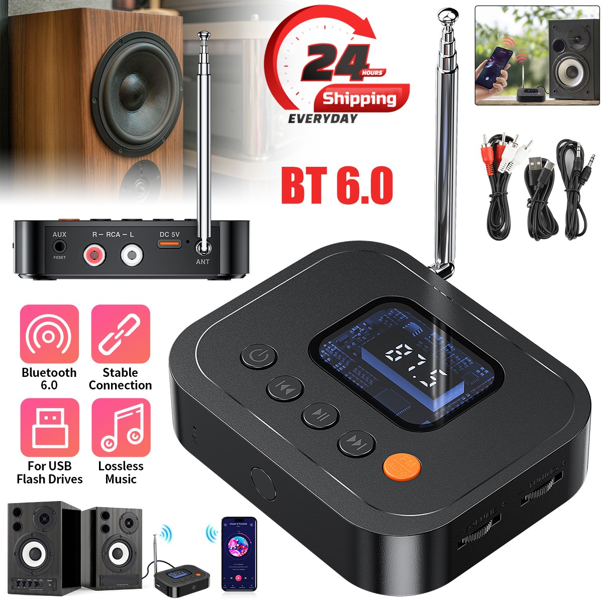 Bluetooth 6.0 Receiver&Transmitter Wireless 3.5mm AUX NFC to 2 RCA Audio Adapter