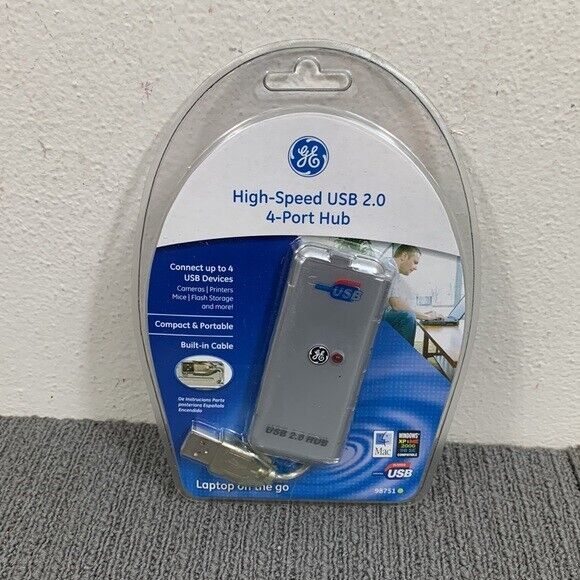 GE High Speed USB 2.0 4-Port Hub Built in Cable #98751 New Factory Sealed