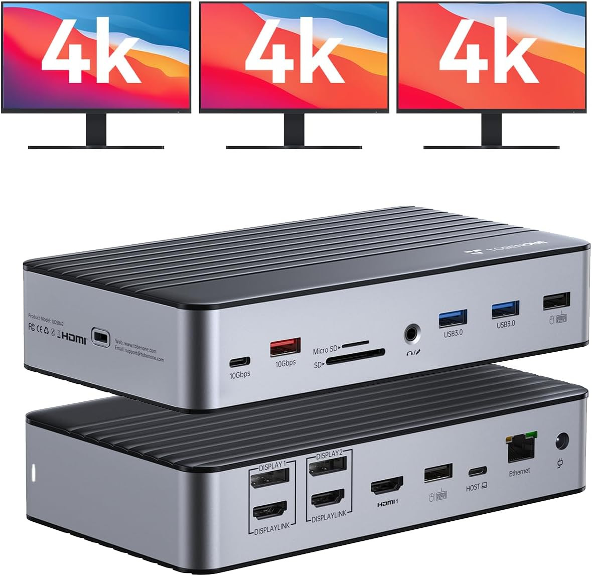 Tobenone Displaylink Docking Station 3 Monitors with 3 Hdmi(4K@60Hz), USB C Dock