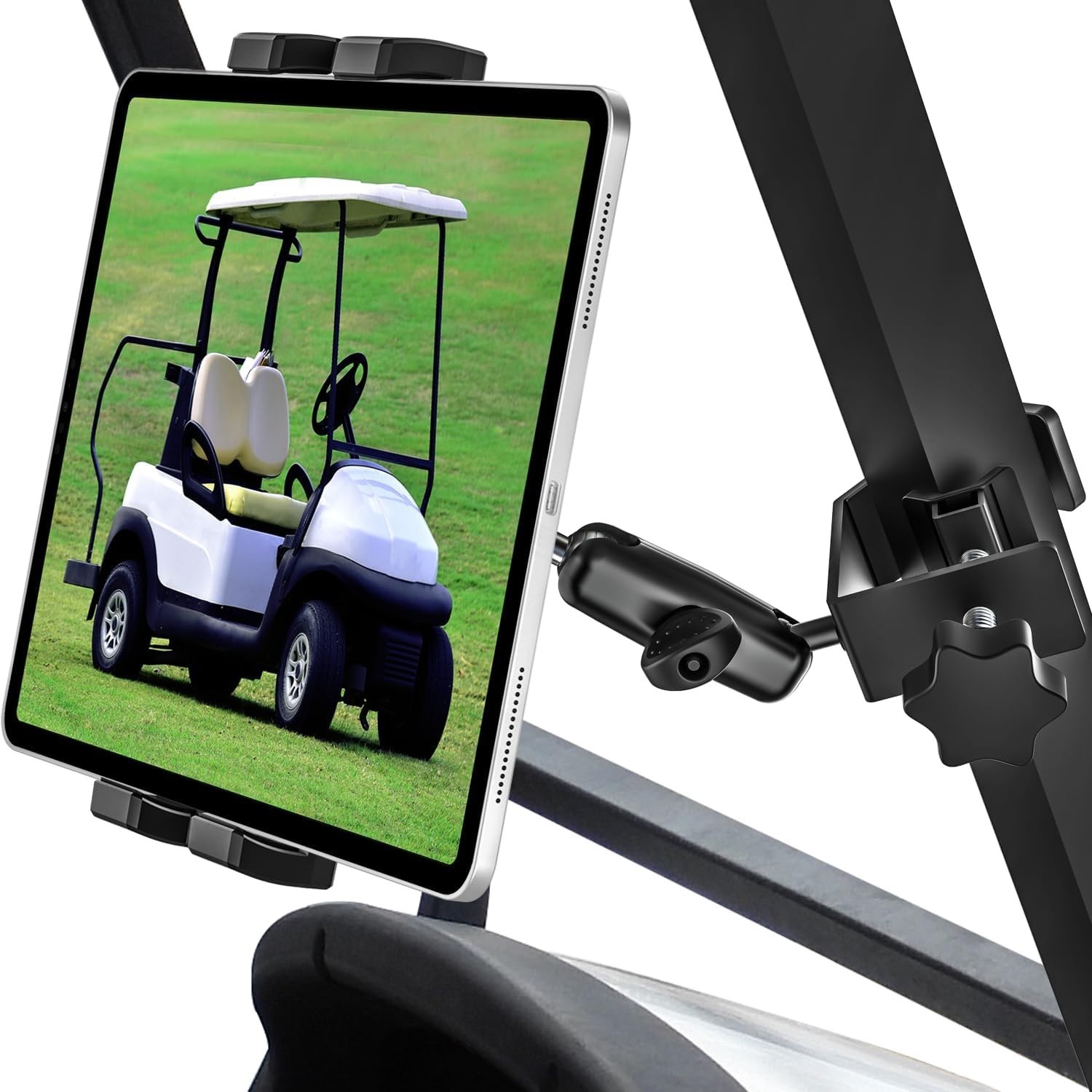  Golf Cart Tablet Holder Mount, 360° Adjustable, Metal Wider Clamp Arm for 