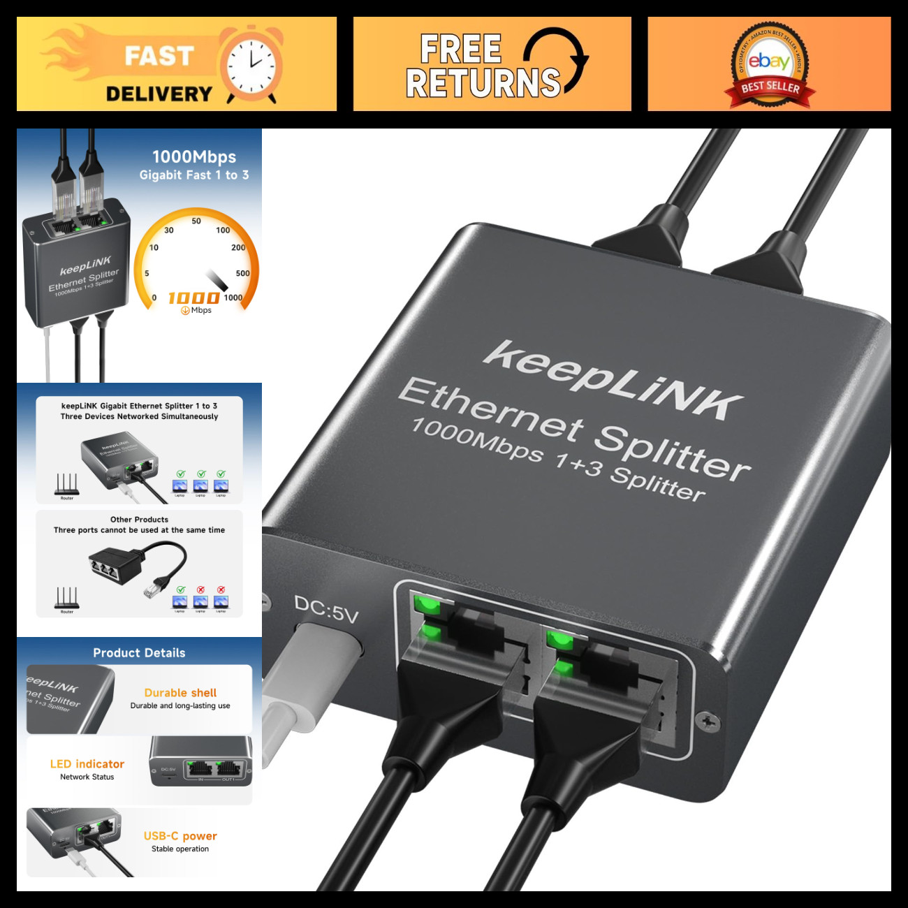 Gigabit Ethernet Splitter 1 to 3, 1000Mbps RJ45 Network Adapter with USB Power