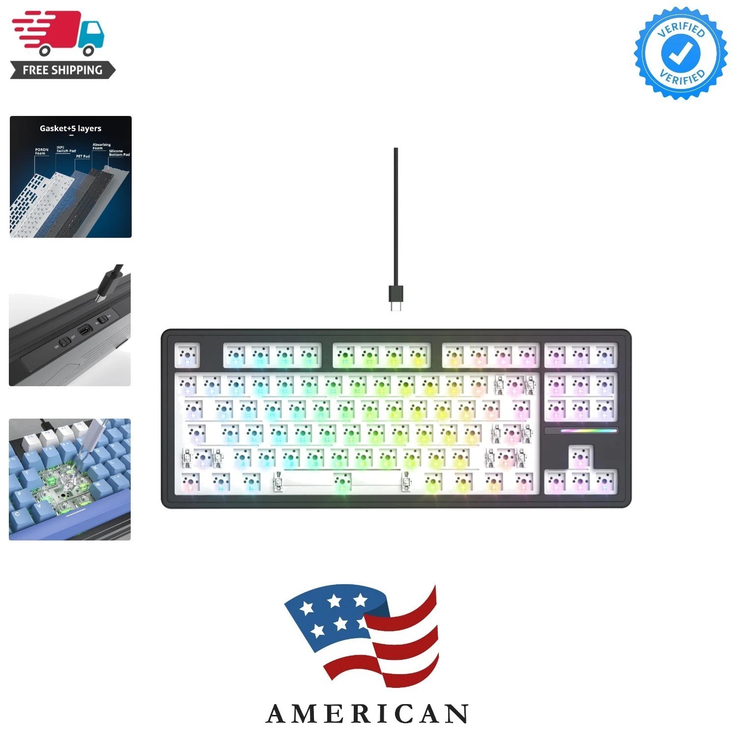 75% Custom Barebones Keyboard kit Gasket Mouted，Blank DIY Silent TKL Mechanic...
