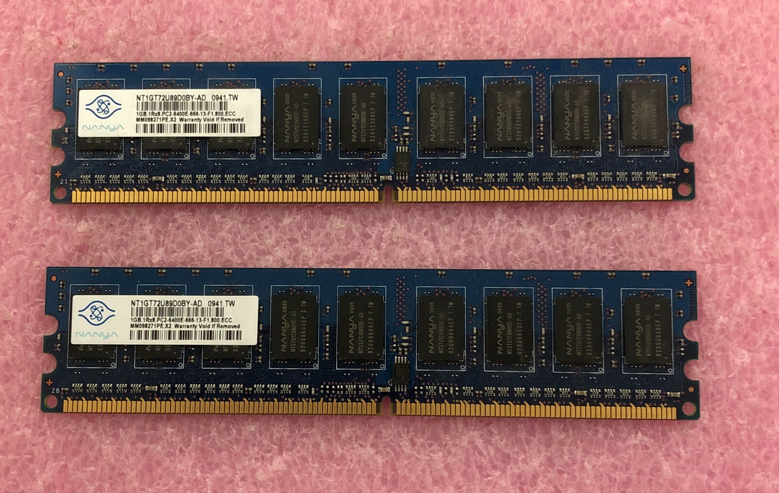2 X 1GB NANYA DDR2-800 PC2-6400E NON-ECC MEMORY - NT1GT72U89D0BY-AD - 2GB TOTAL