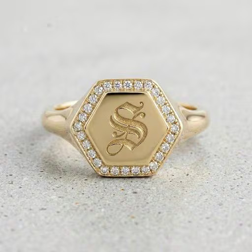 Hexagon Diamond Halo Initial Ring, Vintage Monogram Signet Ring, Personalized In