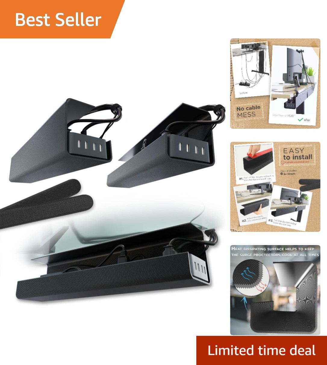 Versatile Black PVC Cable Management Tray - 17-Inch Easy Installation Duo