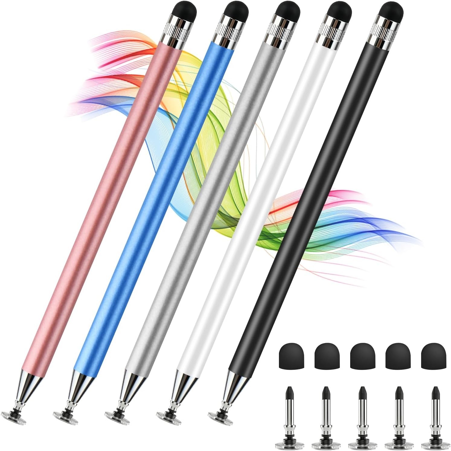 2-in-1 Disc Rubber Stylus Pen Heavy-Duty for Touchscreen 5 Pcs Set Black Blue