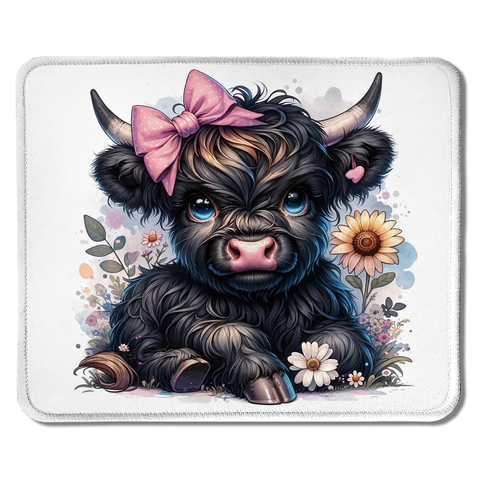 Foritho Black Highland Cow Mouse Pad, Cute Sunflower Baby Highland Cow Heifer...