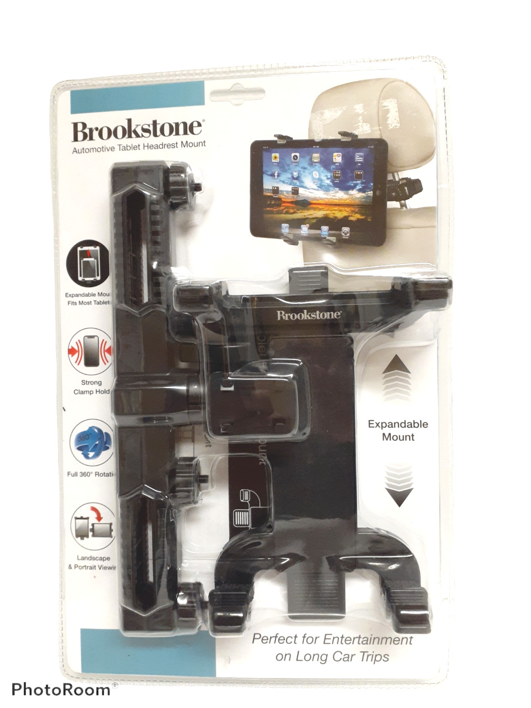 Brookstone Car Headrest Mount Tablet Holder Back Seat 360°Rot fits most tablets