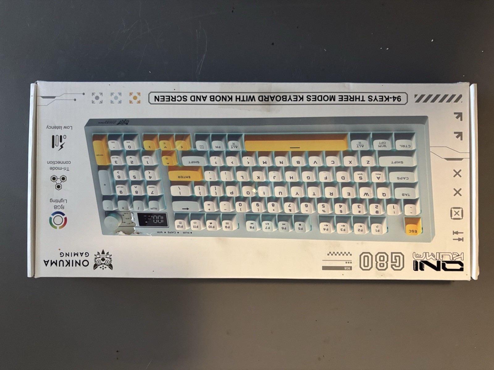 ONIKUMA G80 Gaming Keyboard White Yellow Gray RGB Knob Screen QWERTY English