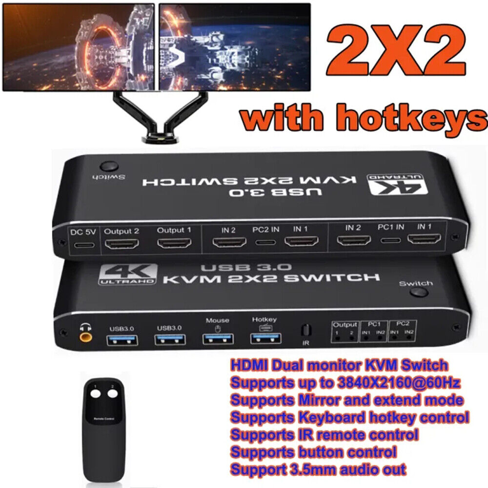 2X2 USB 3.0 HDMI KVM Switch 4K 60Hz Dual Monitor Extended Display Switcher 2 PC