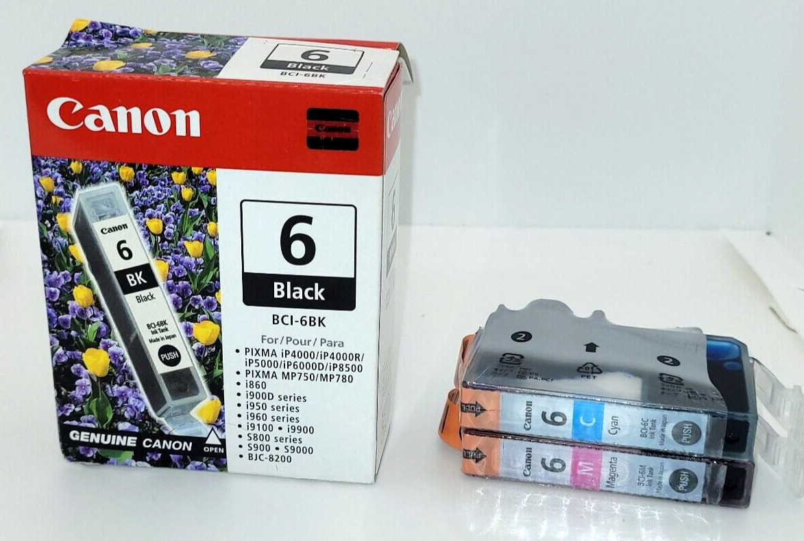 Lot of 3 Genuine Canon Pixma BCI-6 Ink Cartridges Cyan Magenta & Black NEW