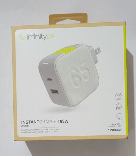INFINITY LAB InstantCharger 65W 2 USB, Powerful USB-C & USB-A Gan PD Charger