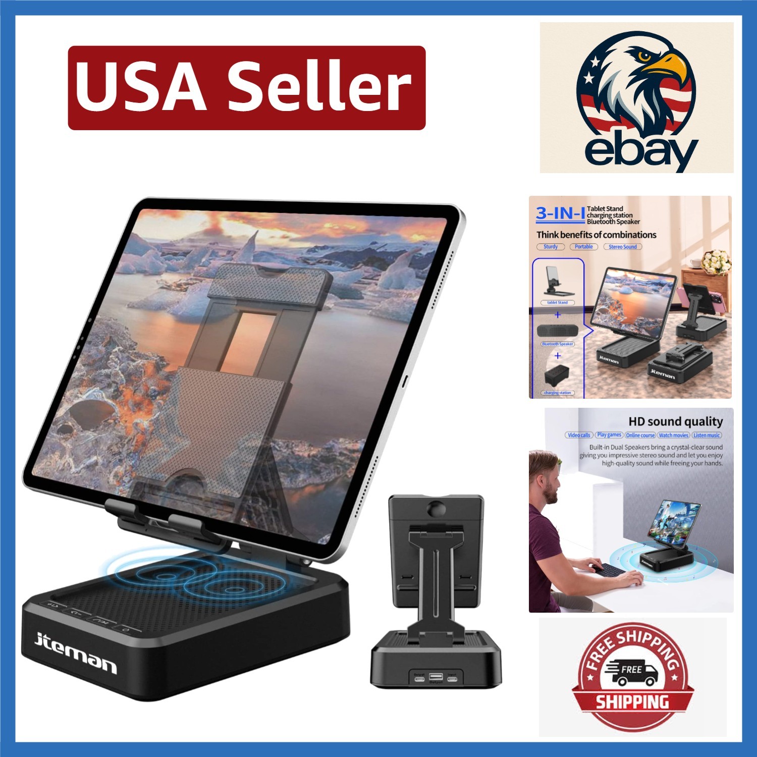 Elegant Charging Station & Tablet Stand with Bluetooth Speakers—Silver/Black