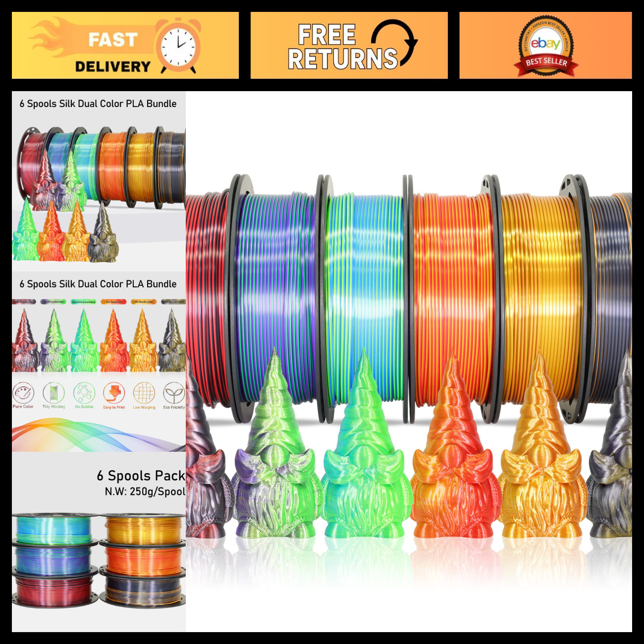 6 Spools Bicolor Dual Color 1.75mm 3D Printer Filament Bundle, Silk PLA, 250g Ea