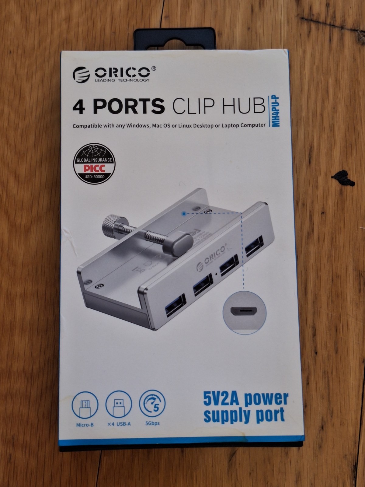 ORICO MH4PU-P 4 Port USB 3.0 Clip Hub Aluminum Desk Clamp 5Gbps Silver Open Box