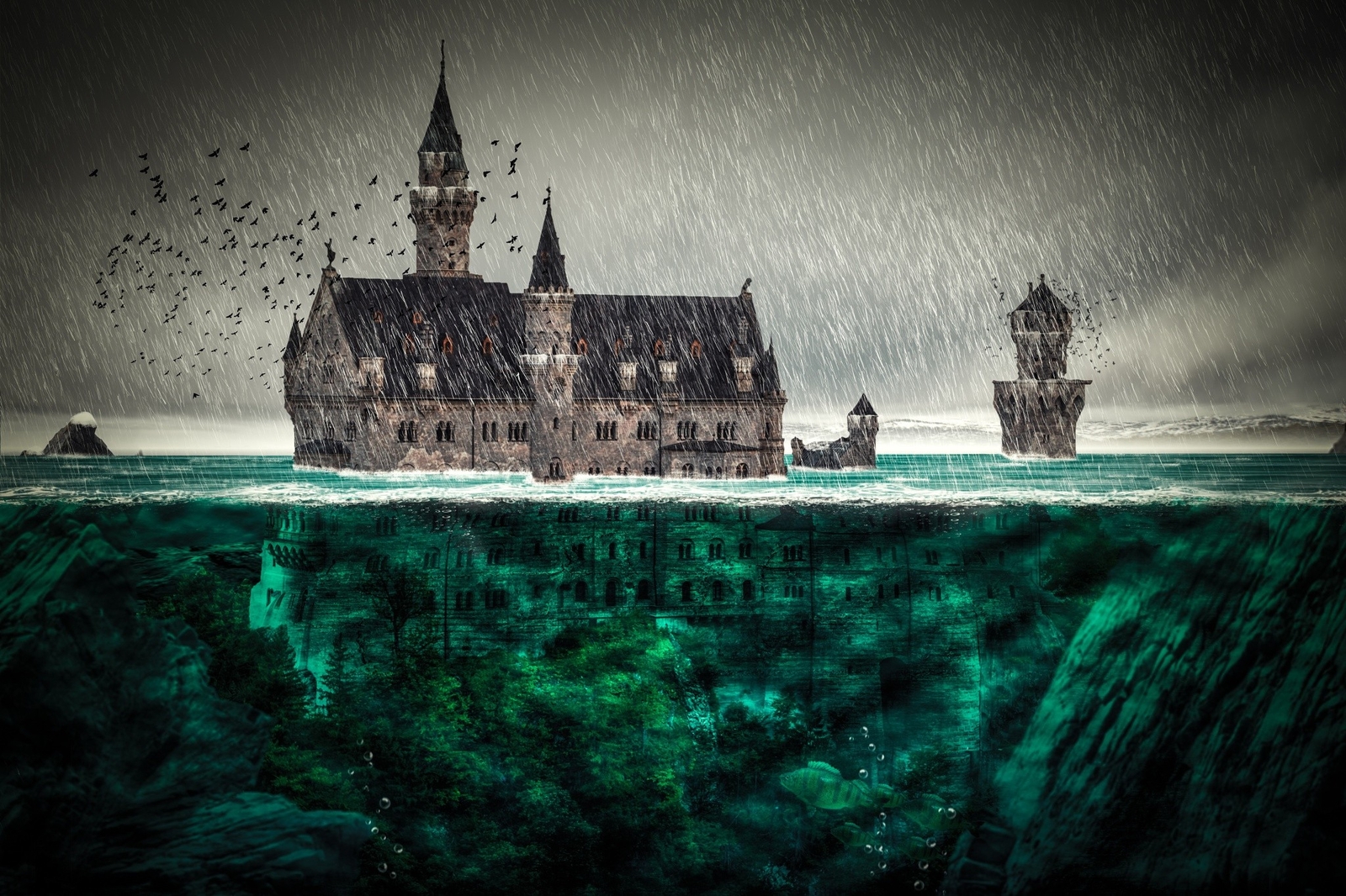 Landscape  art fantasy architecture castle flood rain Custom Gaming Mat Desk
