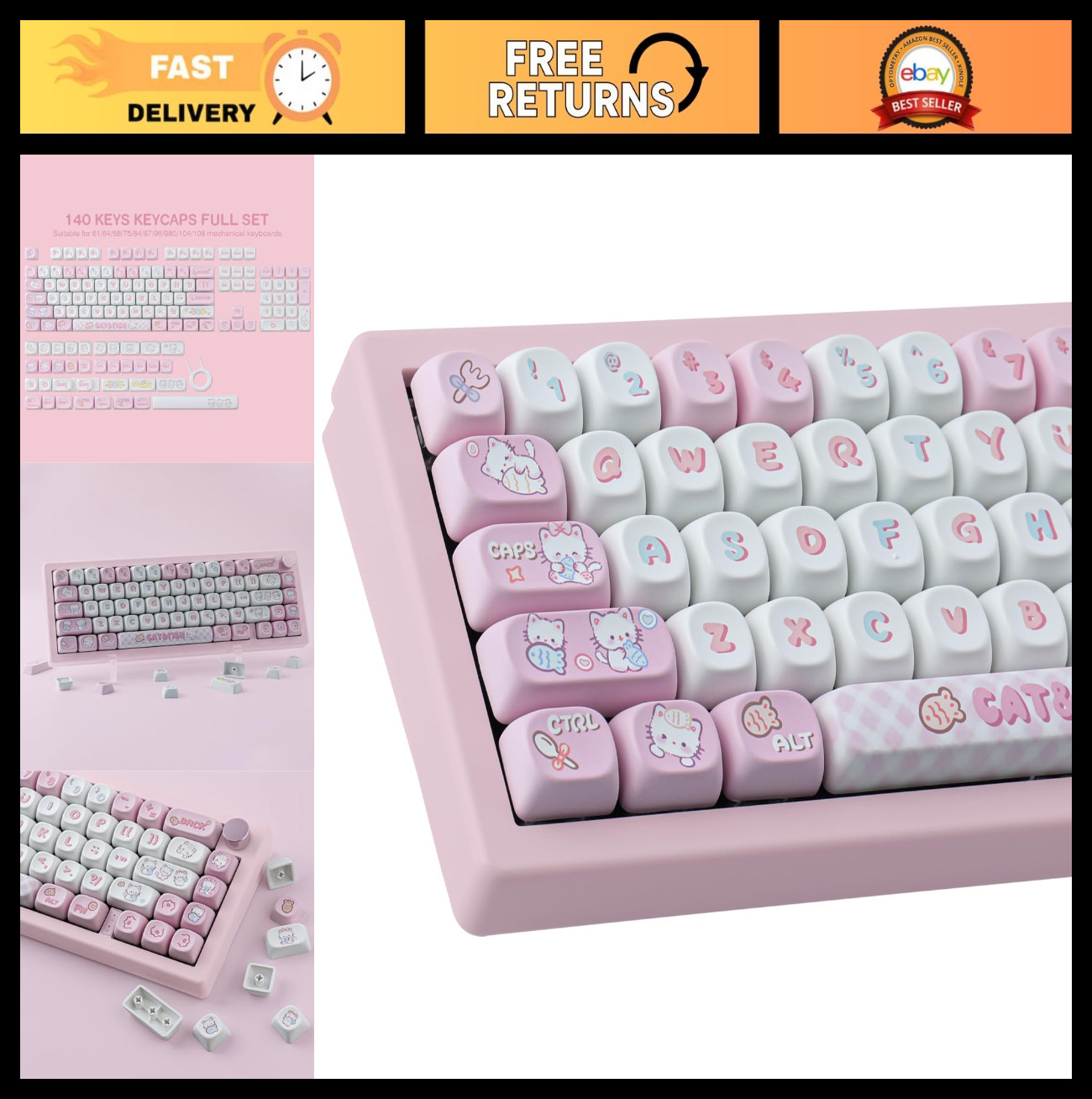 Cute Kitty Cat Keycap Set - 140 Dye-Sublimation MOA Profile for Mechanical Keybo