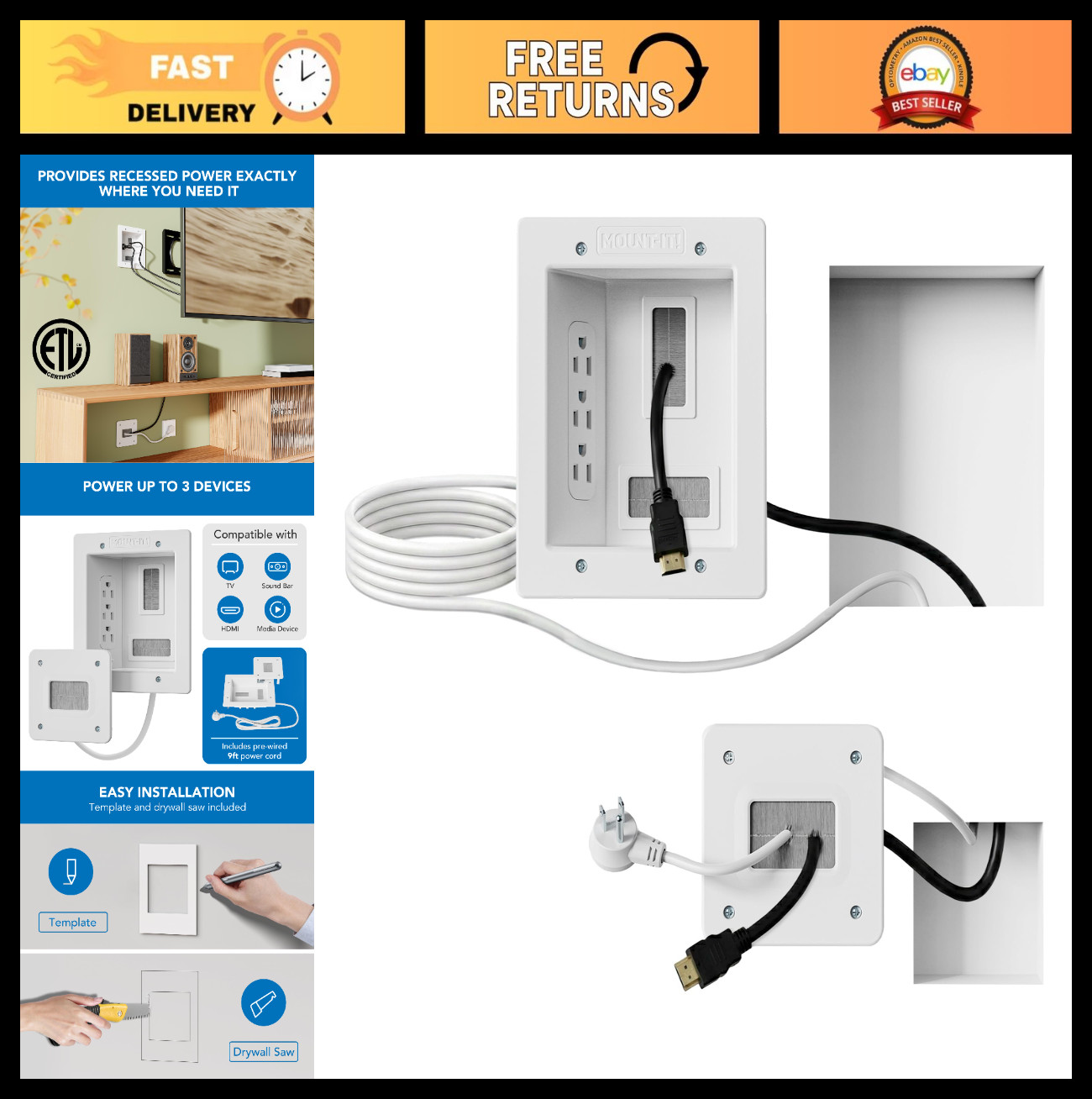 In-Wall TV Cable Concealer Kit – Recessed Power, Triple Outlet, 9ft Cord, Hand S