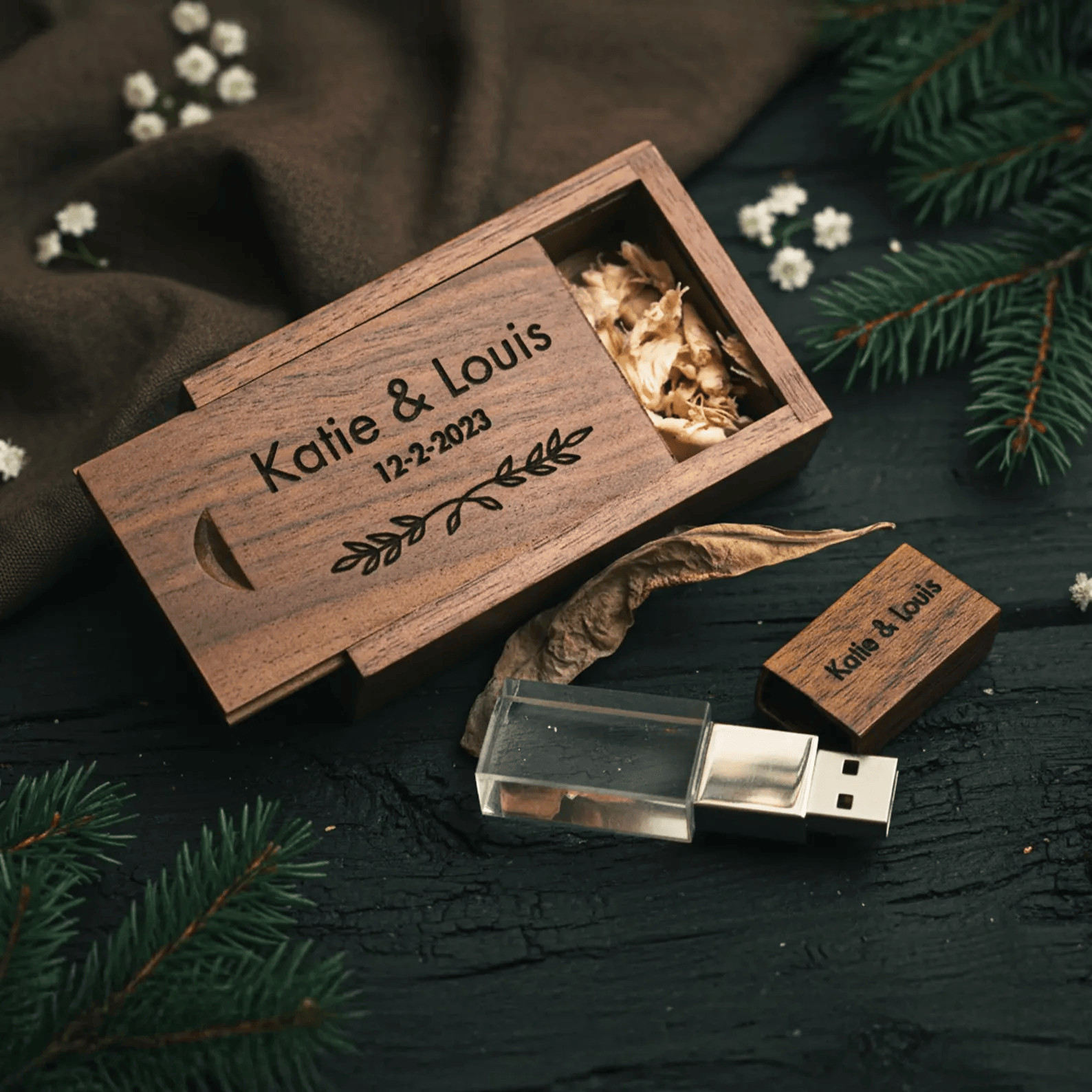 Personalized Engraved Crystal USB Flash Drive Wood Cap Box Wedding Photographer