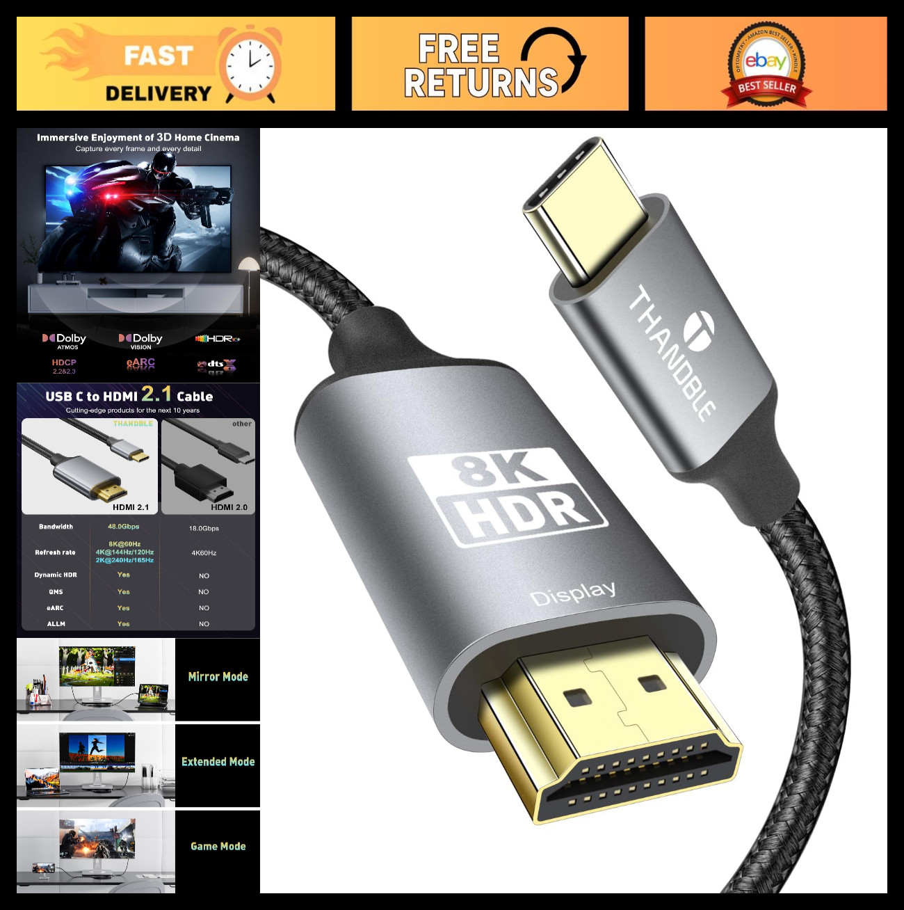 USB C to HDMI 2.1 Cable 6FT, 8K@60Hz, 4K 120Hz, Dynamic HDR, Type C Adapter