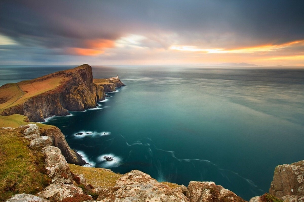 Landscape neist point cliff sea clouds coast lighthouse Custom Gaming Mat Desk