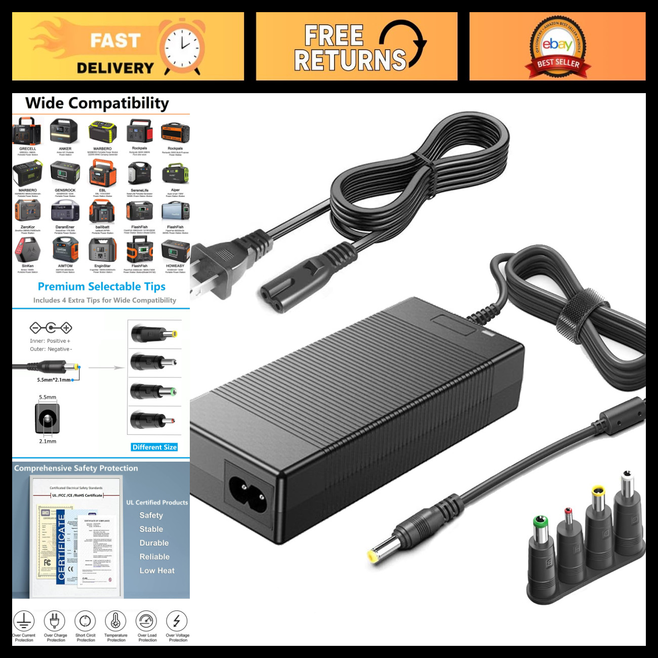 15V 60W AC Adapter Charger for Portable Power Stations 50W-300W, Solar Generator