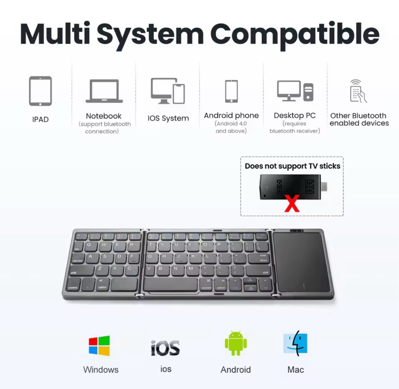Black Foldable Wireless Bluetooth Keyboard with Touchpad for Windows iOS Android