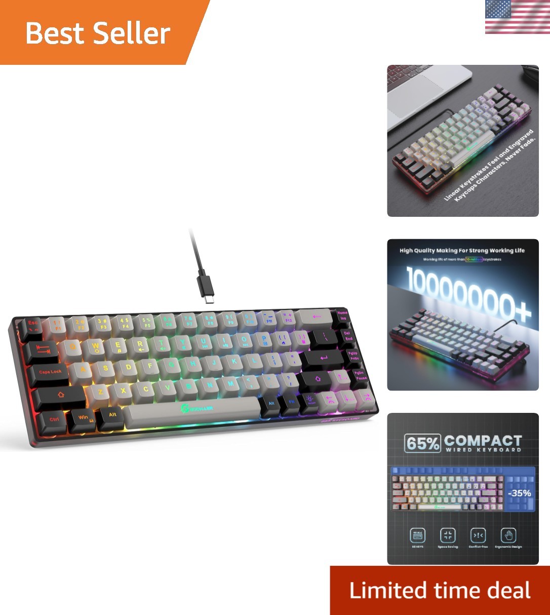 65% Compact Wired Gaming Keyboard - RGB Backlit, Anti-Ghosting, Ergonomic Design