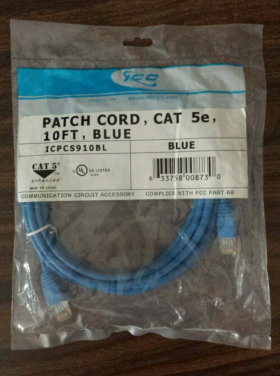 patch cord cat 5e 10 ft blue icc. Fcc part 68 compliant. new in plastic