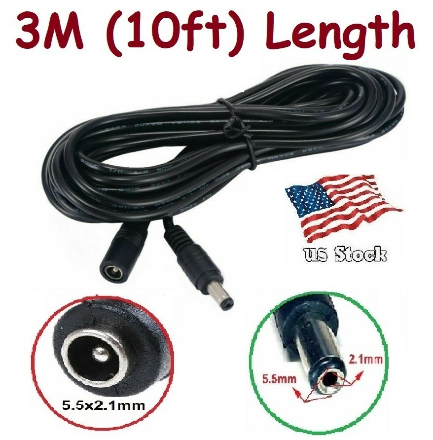 3m / 10ft DC Power Extension Cable Cord with 5.5x2.1mm Connectors