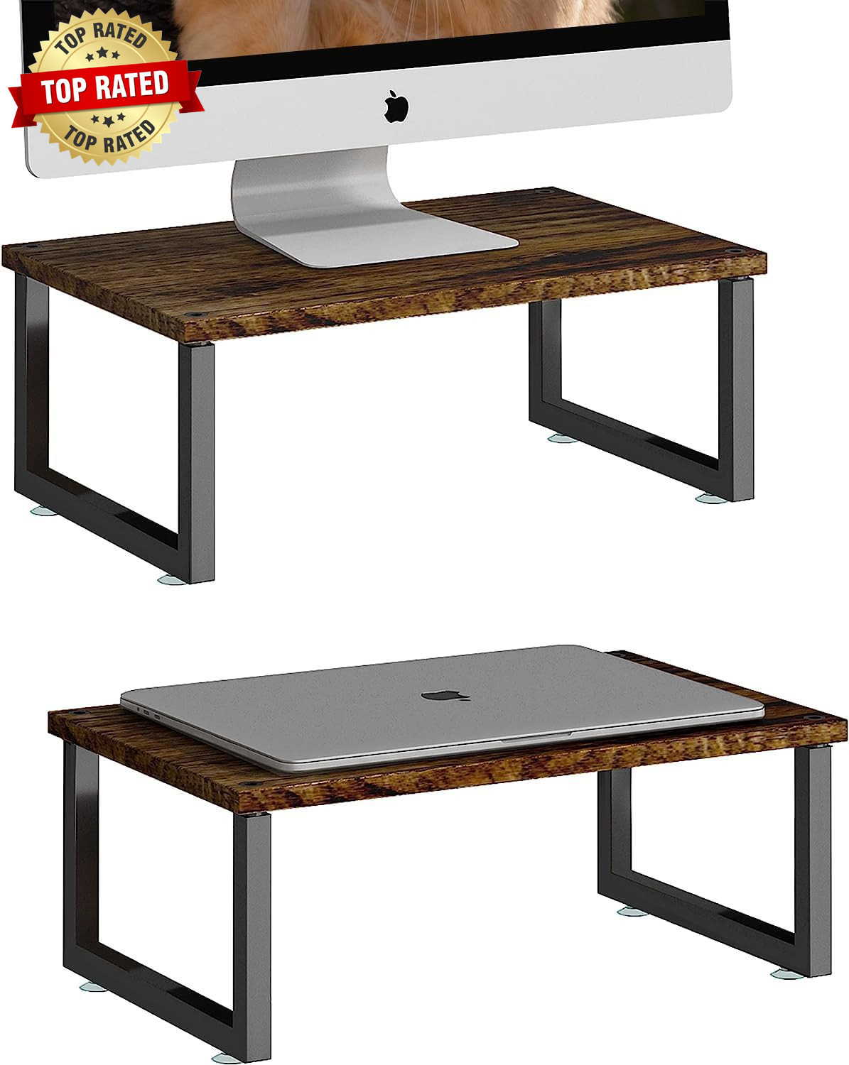 Wood Monitor Stand Riser, 2 Pack, Antique Brown | Desk Storage Organizer, Deskto