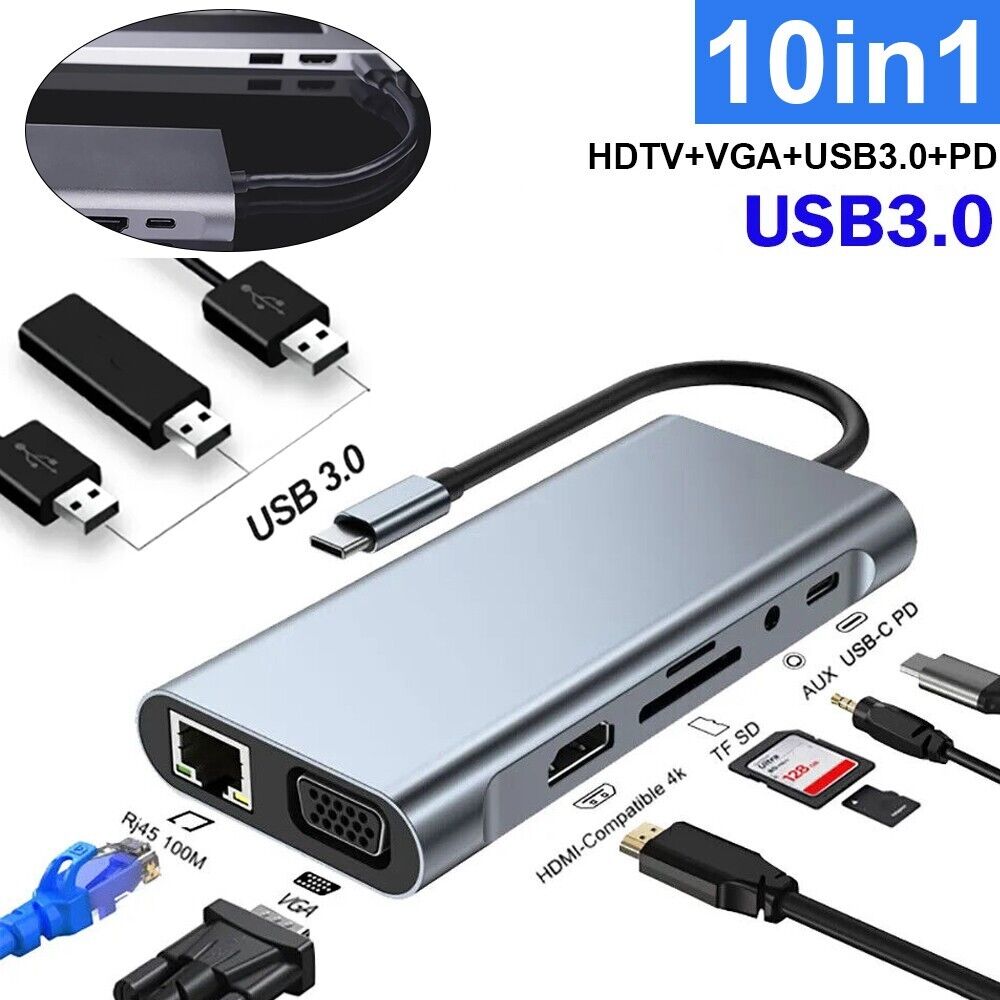 10 in 1 Multiport USB-C Type C Hub To USB 3.0 4K HDMI RJ45 SD TF Ports Adapter