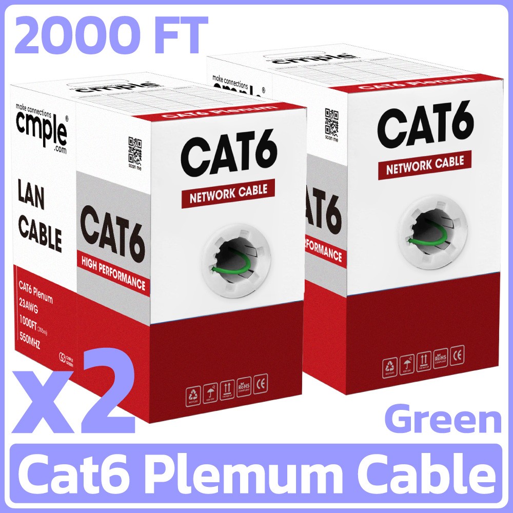 2 Pack Cat6 Plenum Ethernet Cable 1000ft CMP Solid 23AWG UTP Network Green