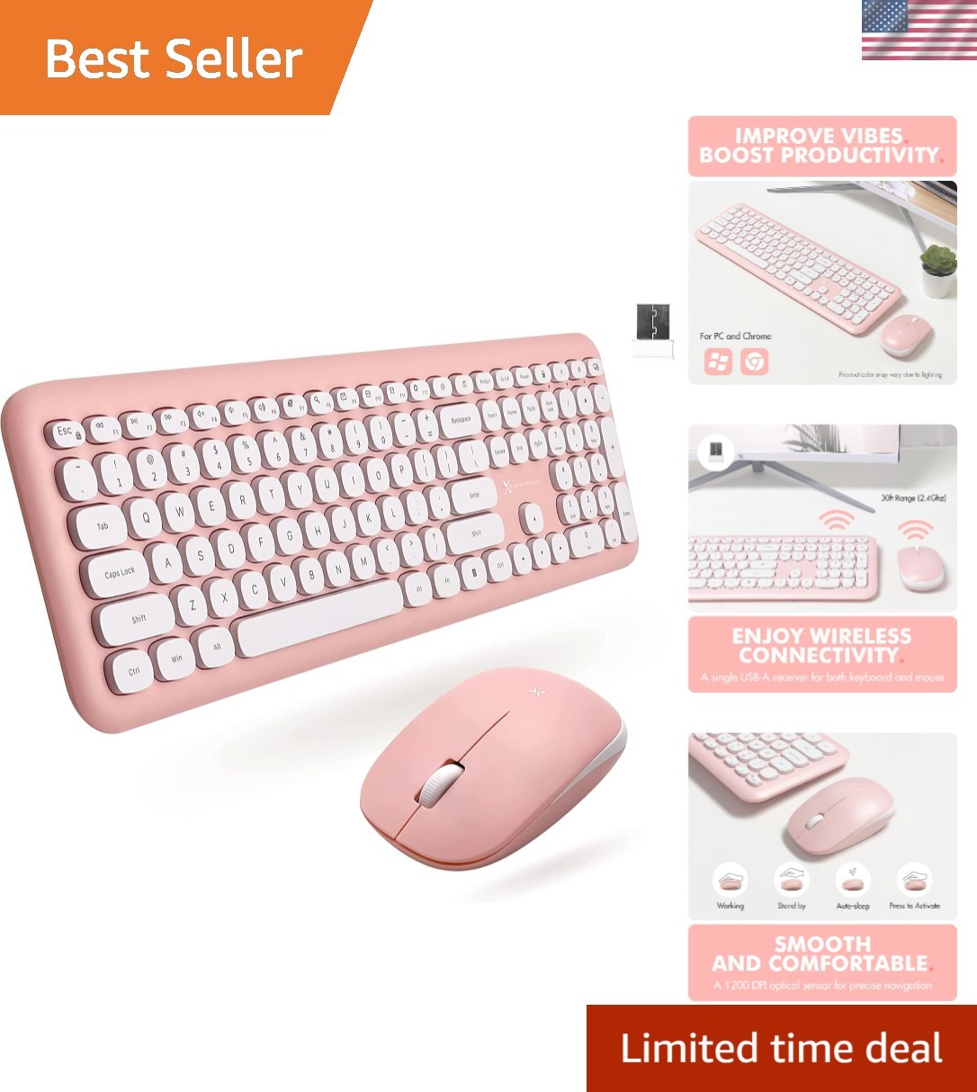 X9 Pink Wireless Keyboard and Mouse Set - Retro Glam Aesthetic for PC & Laptop