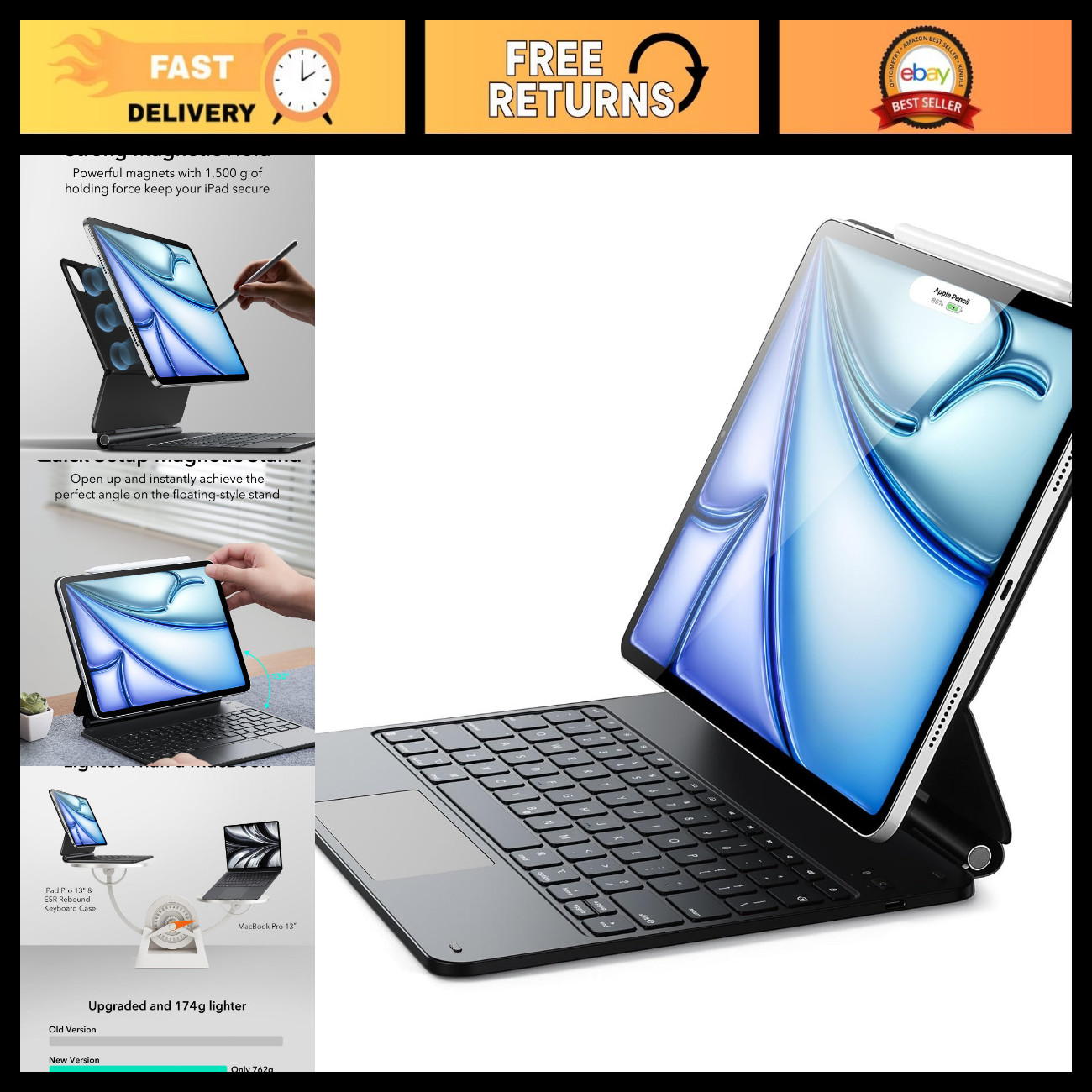 iPad Air 13/Pro 12.9 Inch Case with Keyboard, Quick-Set Magnetic Stand, Slim Fit