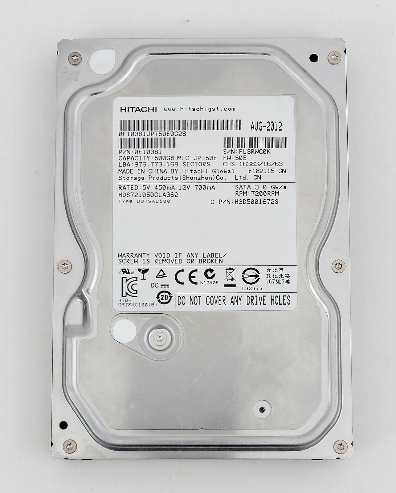 HITACHI HDS721050CLA362 500GB 7200RPM 3.5" SATA Desktop Hard Drive 0F10381