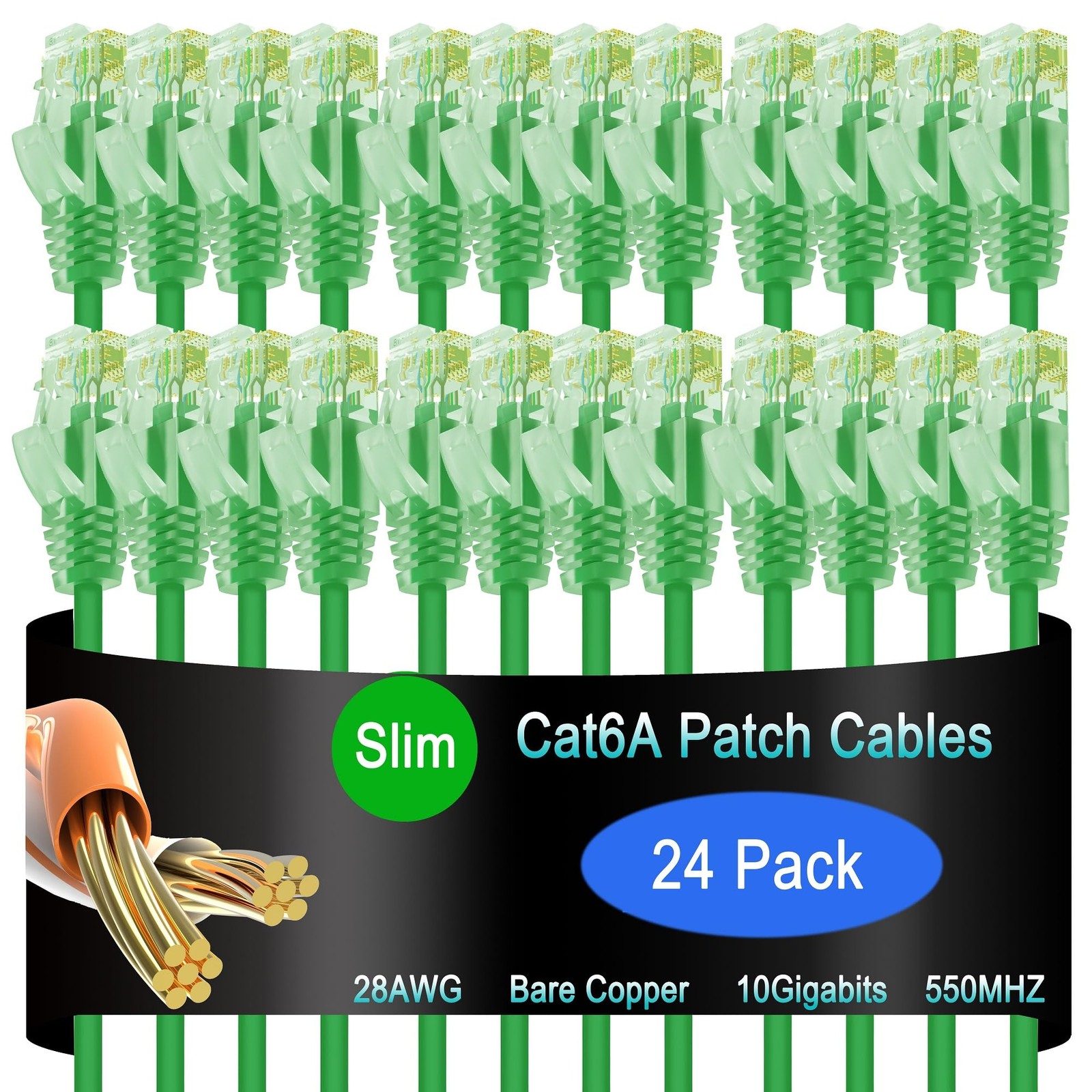24 PCS Cat6a Slim Ethernet Patch Cable 3 Ft 10G Network Data Centers Green
