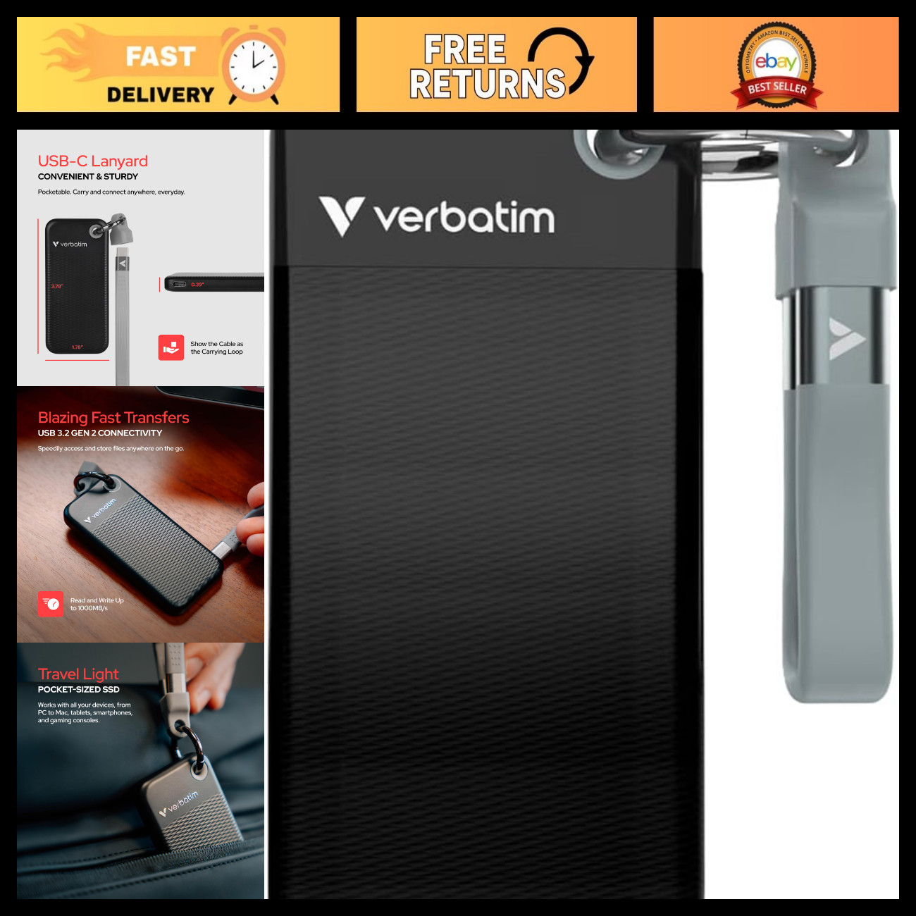 512GB Portable External SSD USB 3.2 Gen 2 - Fast Data Transfer Up to 1000MB/s