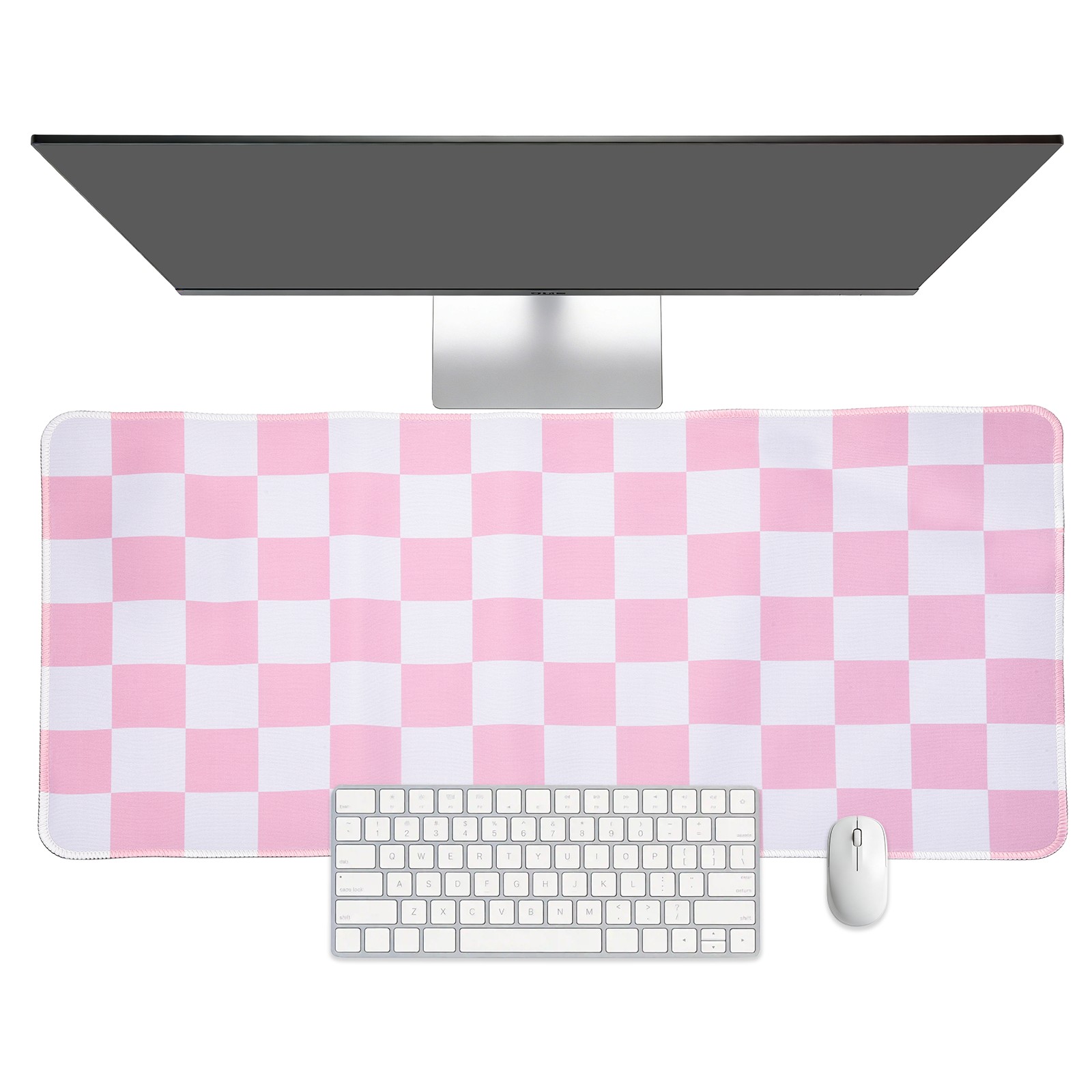 Checkered Desk Mat, 35.4x15.7 Inch Mouse Pad with Non-Slip, Pink/White