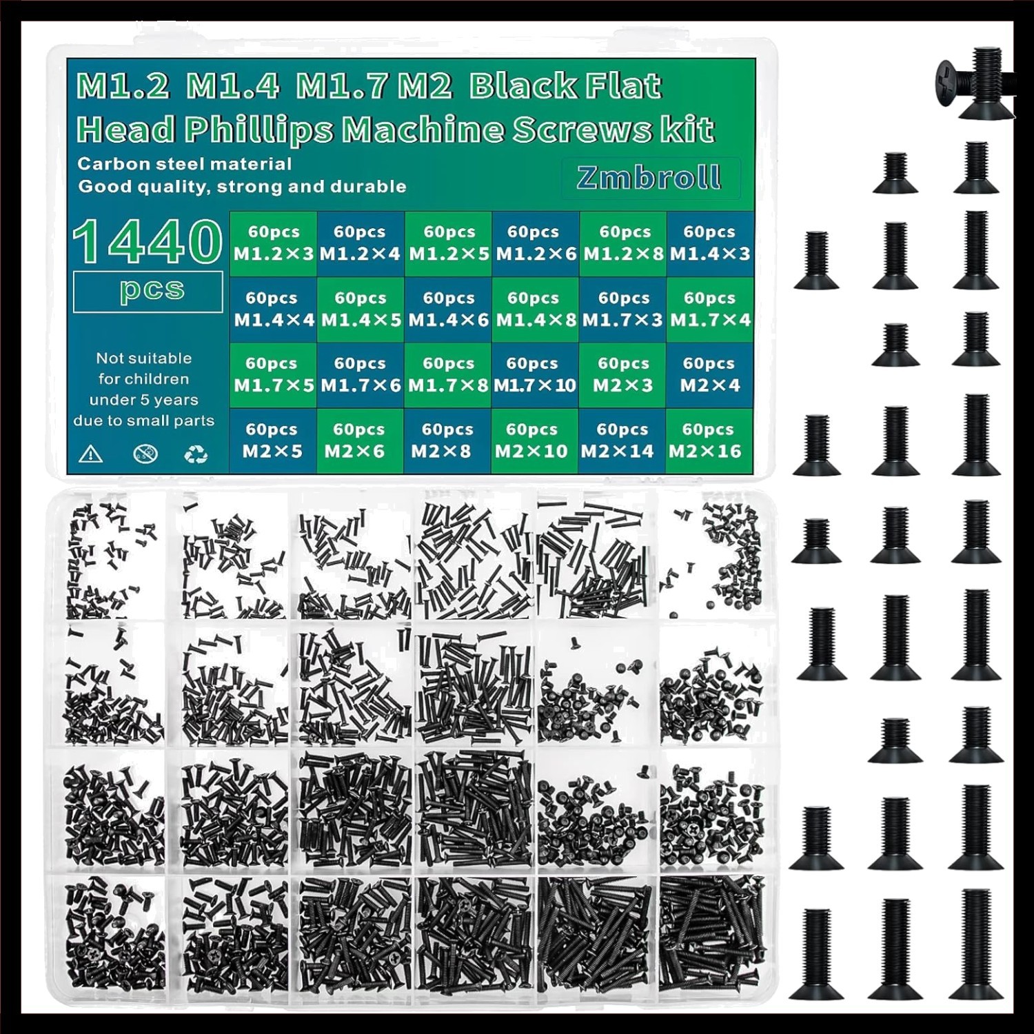 1440 Pcs Black Laptop Notebook Computer Screws M1.2 M1.4 M1.7 M2 Flat Head Ph...