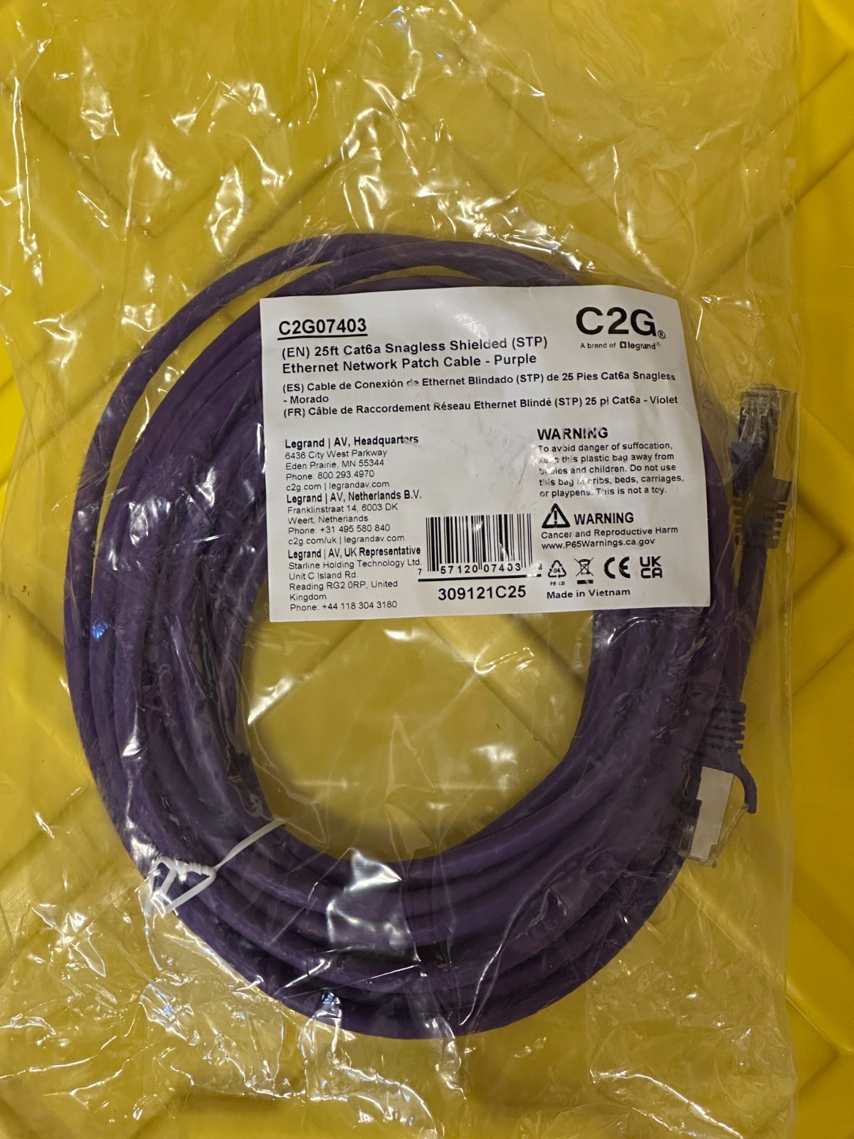 NEW C2G 07403 - Cat6A 25ft Snagless Shielded (STP) Ethernet Patch Cable - Purple