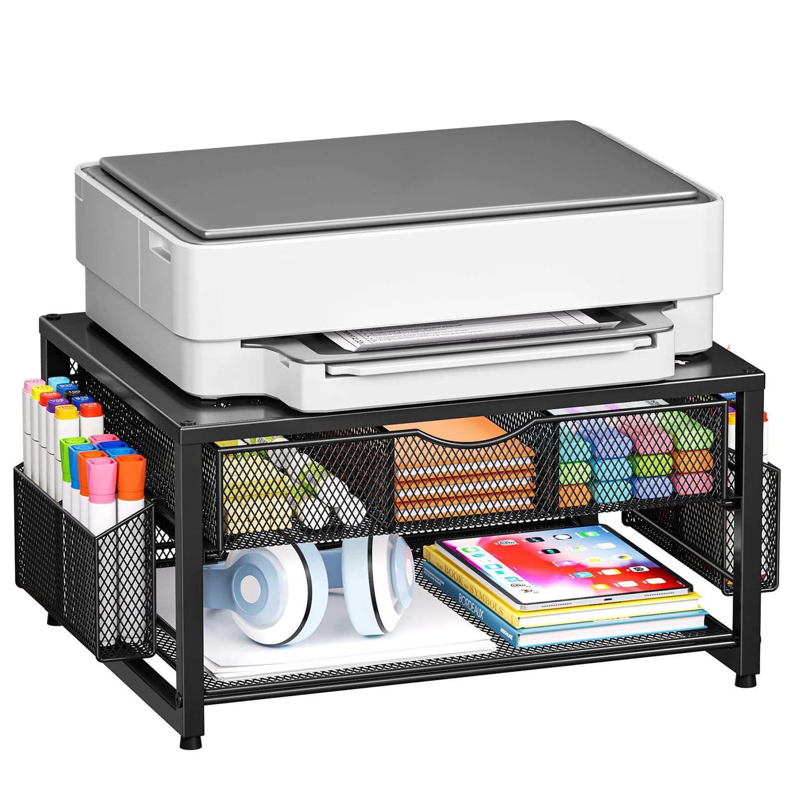 Marbrasse Metal Printer Stand for Desk with Storage Drawer and 2 Pen Holders, 2-